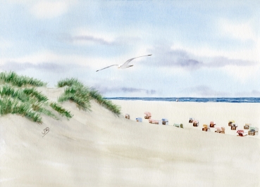 Poster DIN-A4 Watercolor Art Print Beach Chair Sunset North Sea Island Juist - Beach chairs on the beach - Juist 8